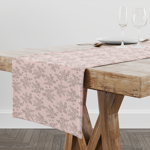 Patrón rosado con rayas verticales y estampado florales de ramas delicadas en gris table runner mockup