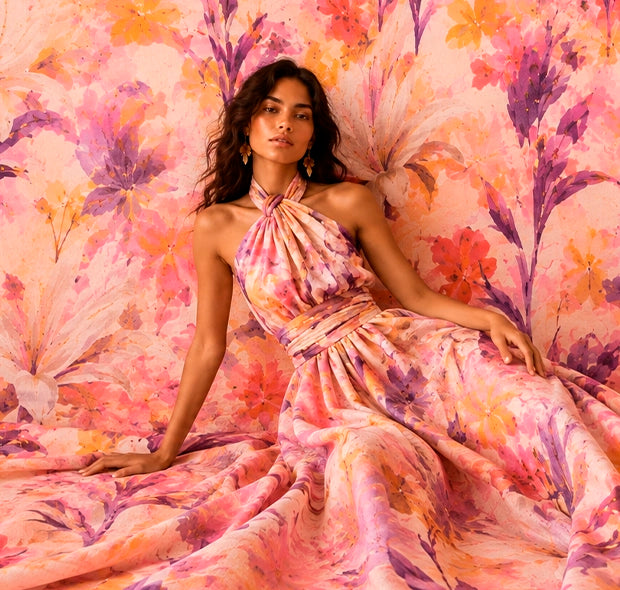 Modelo con prenda estampada en tonos naranja y azul