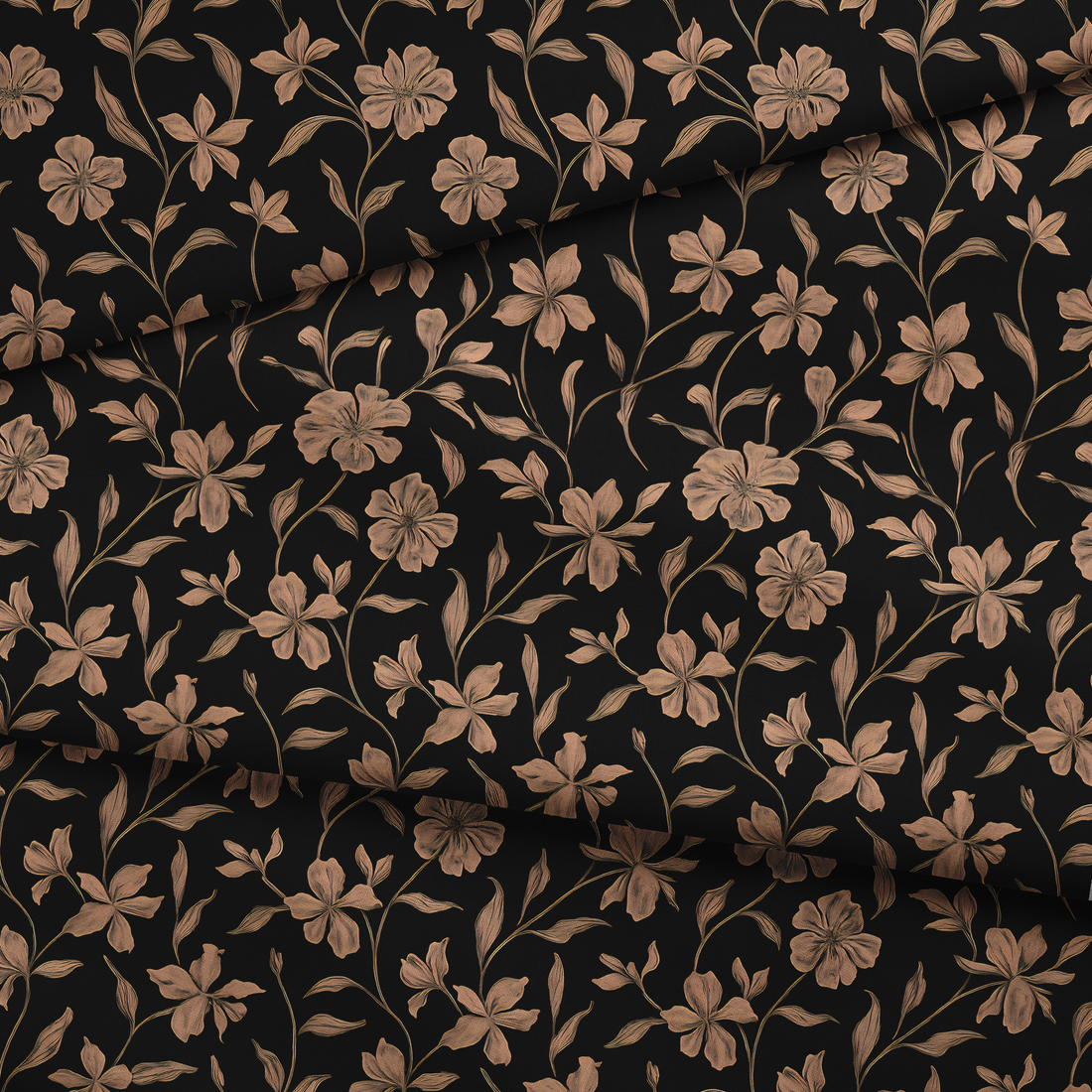 Patrón floral de flores y hojas en tonos ocre sobre fondo negro, diseño elegante y continuo fabric fold mockup