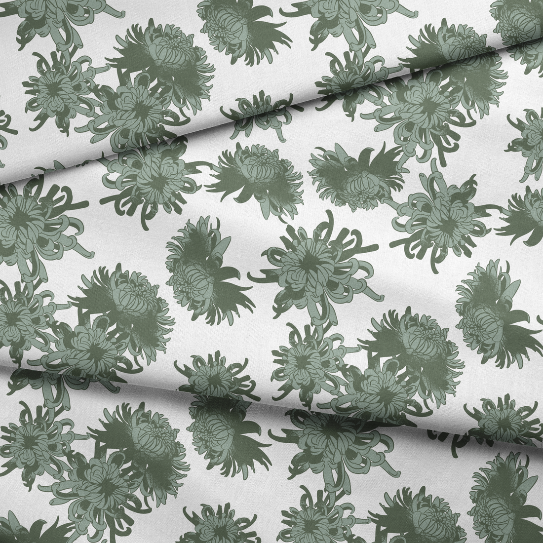 Patrón de flores de crisantemo en tonos verde oliva y menta sobre fondo claro, diseño botánico elegante. fabric fold mockup
