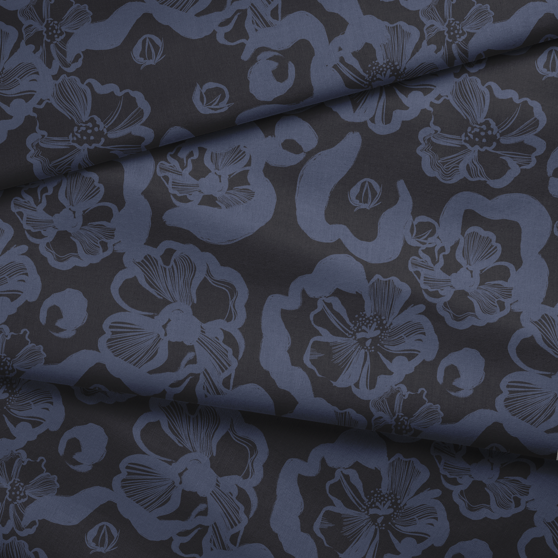 Patrón floral abstracto en tonos azul-violeta sobre fondo negro oscuro con diseños de flores estilizadas fabric fold mockup