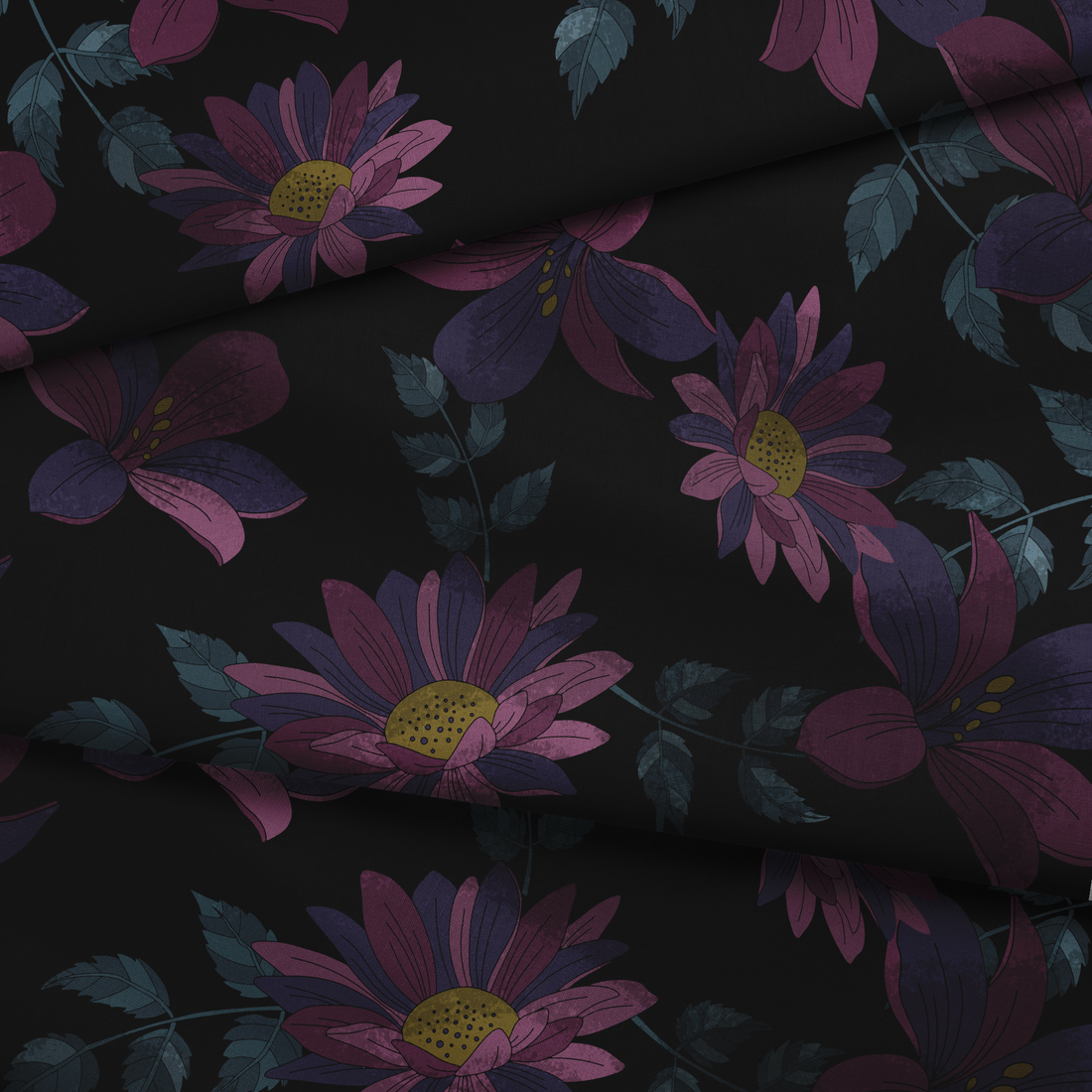 Patrón floral de flores moradas con centros amarillos sobre fondo negro fabric fold mockup