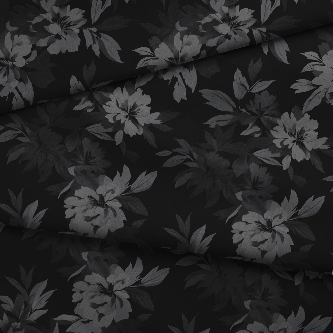 Patrón oscuro de hojas tropicales sobre fondo negro, en tonos grises y negros, creando un efecto monocromático elegante. fabric fold mockup