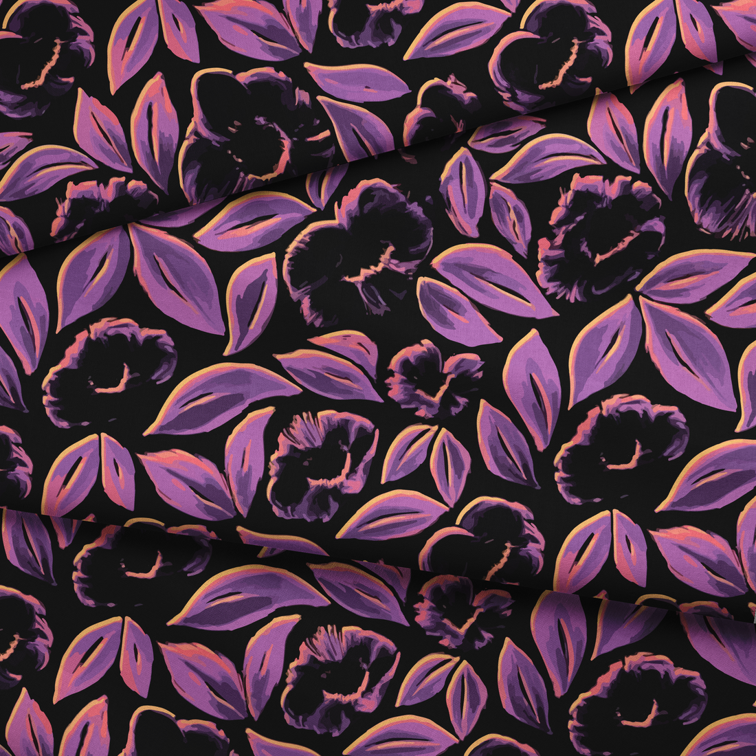 Patrón floral negro con pétalos púrpuras sobre fondo oscuro, estilo elegante y contrastante. fabric fold mockup