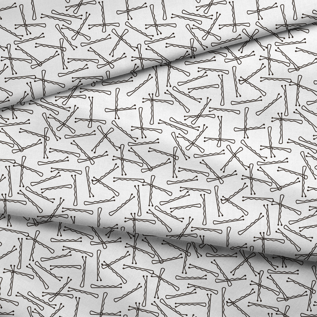 Patrón de líneas y formas abstractas en blanco y negro que asemejan horquillas o clips dispersos aleatoriamente sobre fondo claro. fabric fold mockup