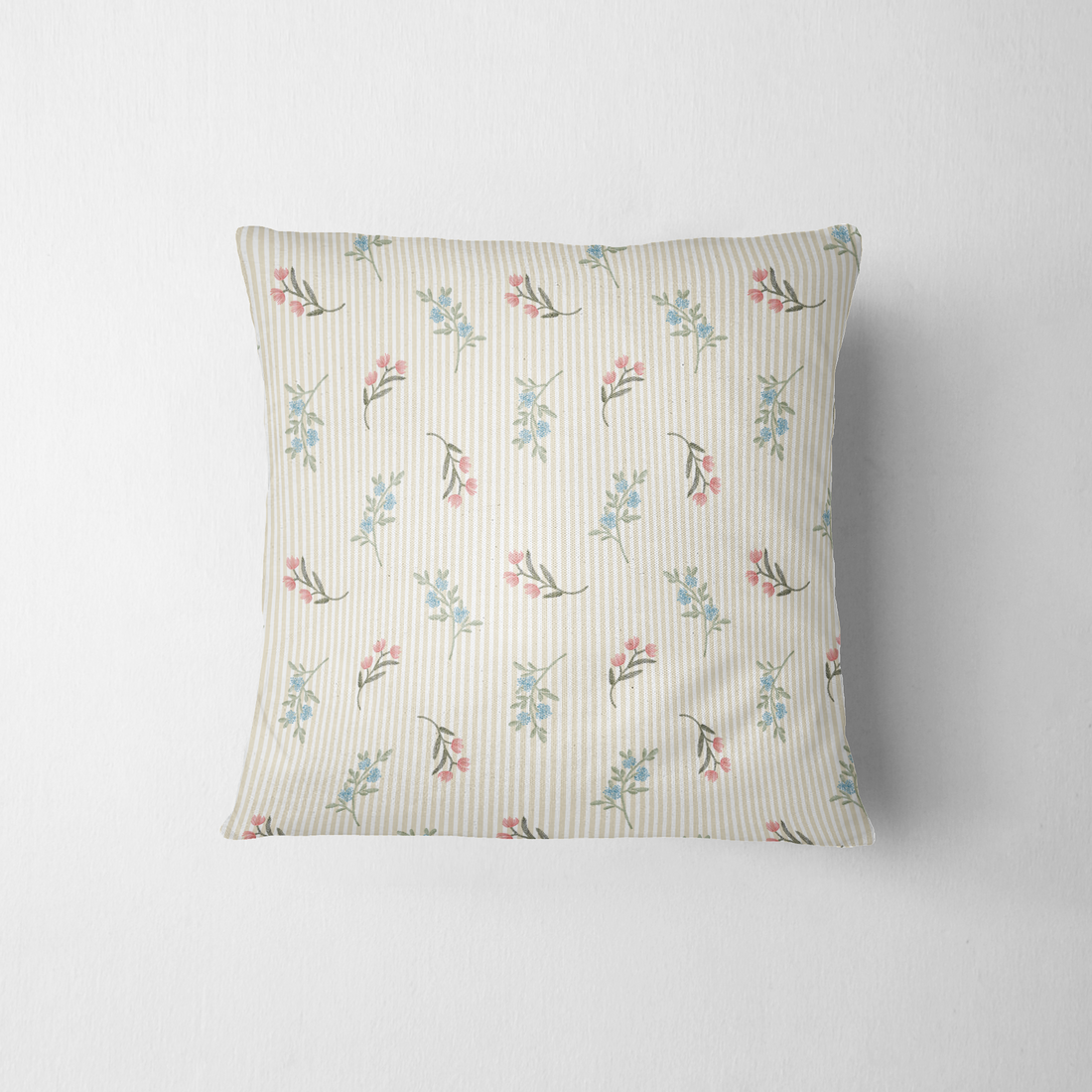 Patrón de rayas beige con flores rosadas y azules delicadas sobre fondo de líneas verticales fabric pillow mockup