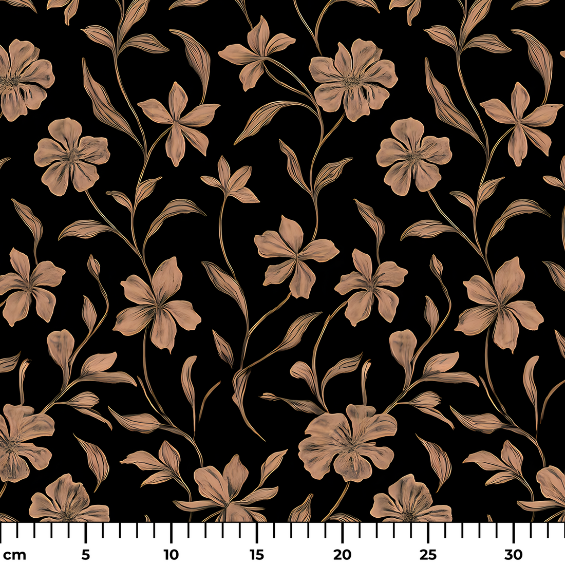 Patrón floral de flores y hojas en tonos ocre sobre fondo negro, diseño elegante y continuo ruler cm