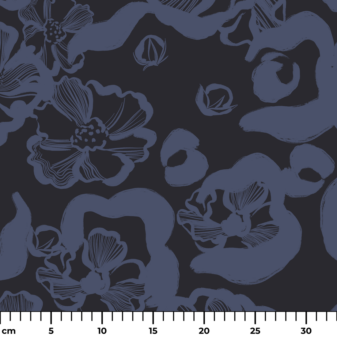 Patrón floral abstracto en tonos azul-violeta sobre fondo negro oscuro con diseños de flores estilizadas ruler cm
