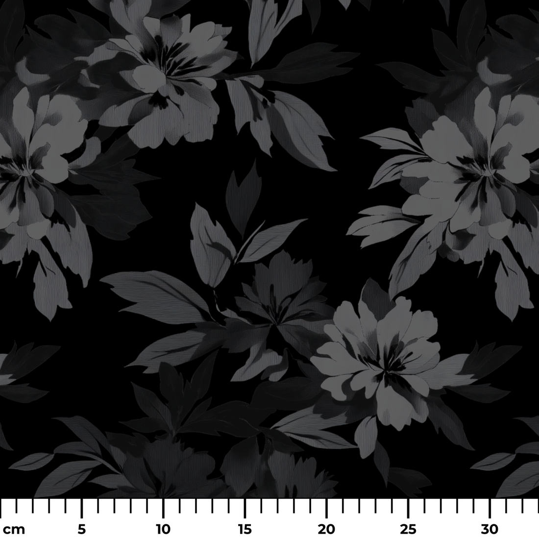Patrón oscuro de hojas tropicales sobre fondo negro, en tonos grises y negros, creando un efecto monocromático elegante. ruler cm