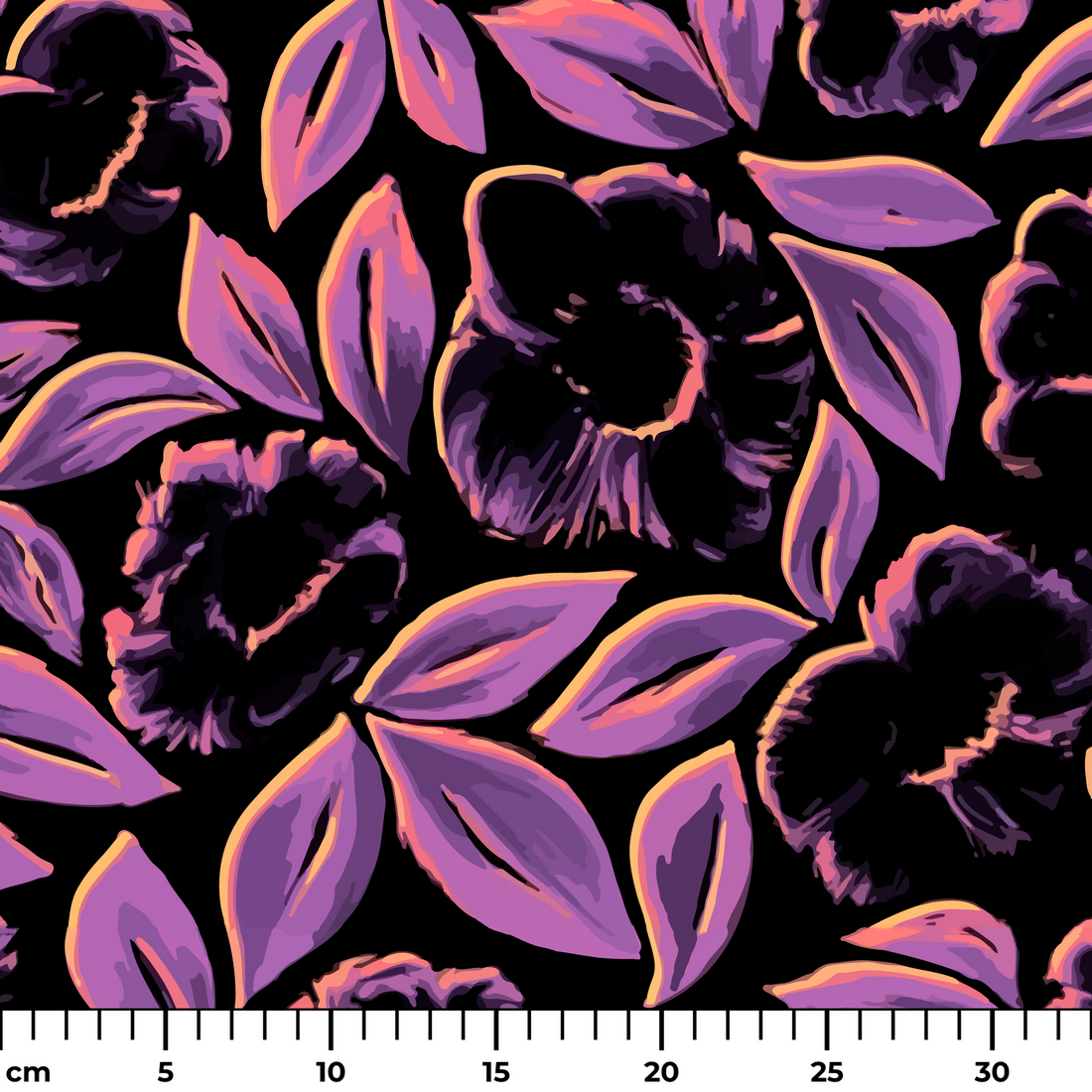 Patrón floral negro con pétalos púrpuras sobre fondo oscuro, estilo elegante y contrastante. ruler cm