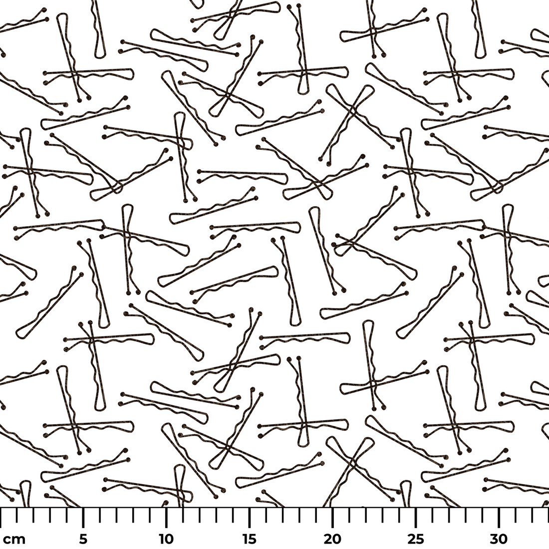 Patrón de líneas y formas abstractas en blanco y negro que asemejan horquillas o clips dispersos aleatoriamente sobre fondo claro. ruler cm