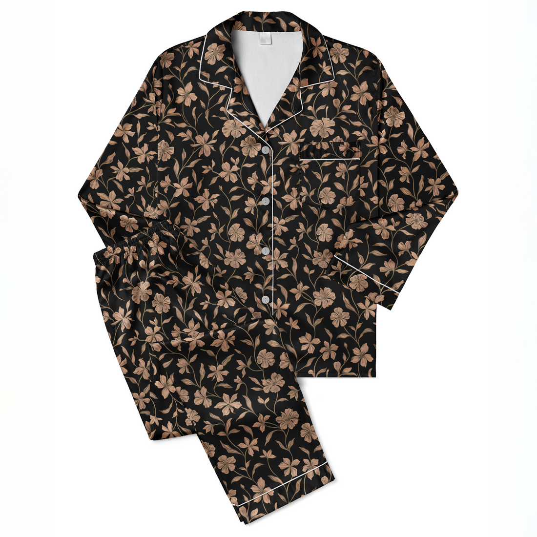 Patrón floral de flores y hojas en tonos ocre sobre fondo negro, diseño elegante y continuo sutex pajamas fullview mockup
