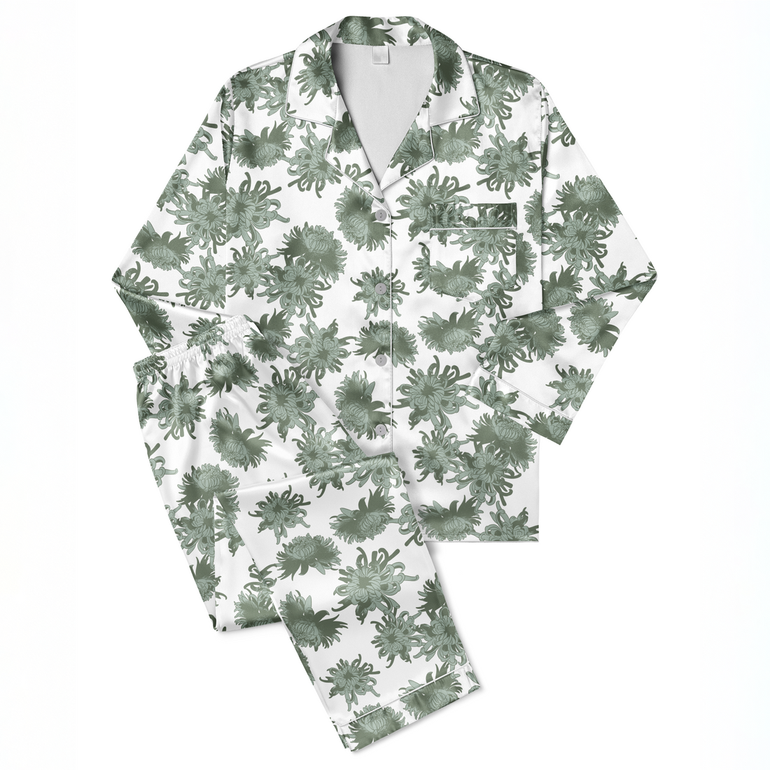 Patrón de flores de crisantemo en tonos verde oliva y menta sobre fondo claro, diseño botánico elegante. sutex pajamas fullview mockup