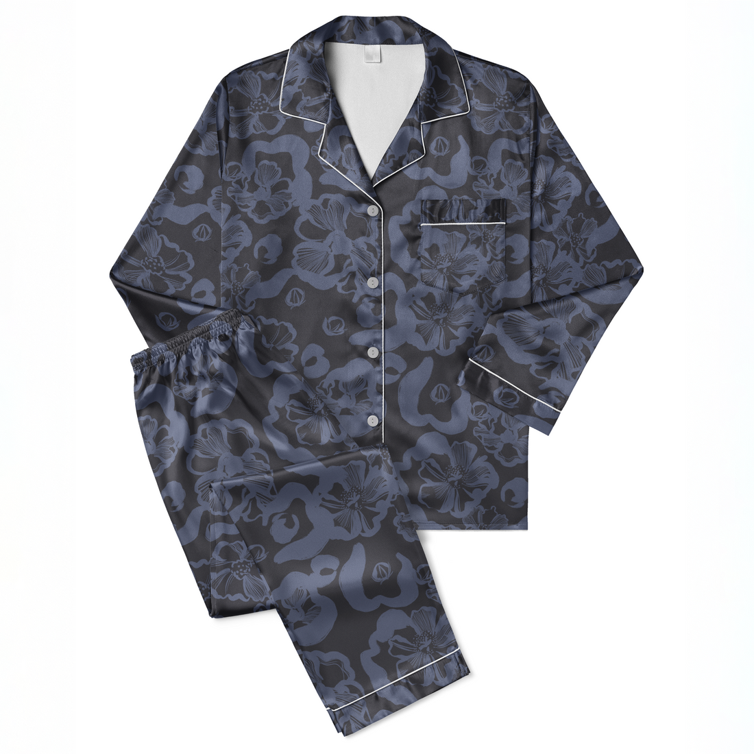 Patrón floral abstracto en tonos azul-violeta sobre fondo negro oscuro con diseños de flores estilizadas sutex pajamas fullview mockup