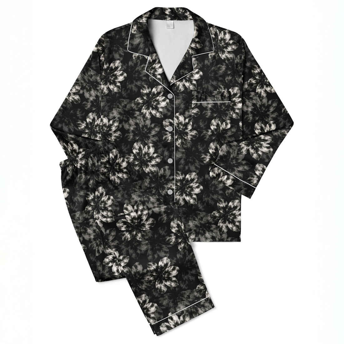 Patrón abstracto de flores oscuras con destellos blancos en fondo negro, efecto tie-dye. sutex pajamas fullview mockup