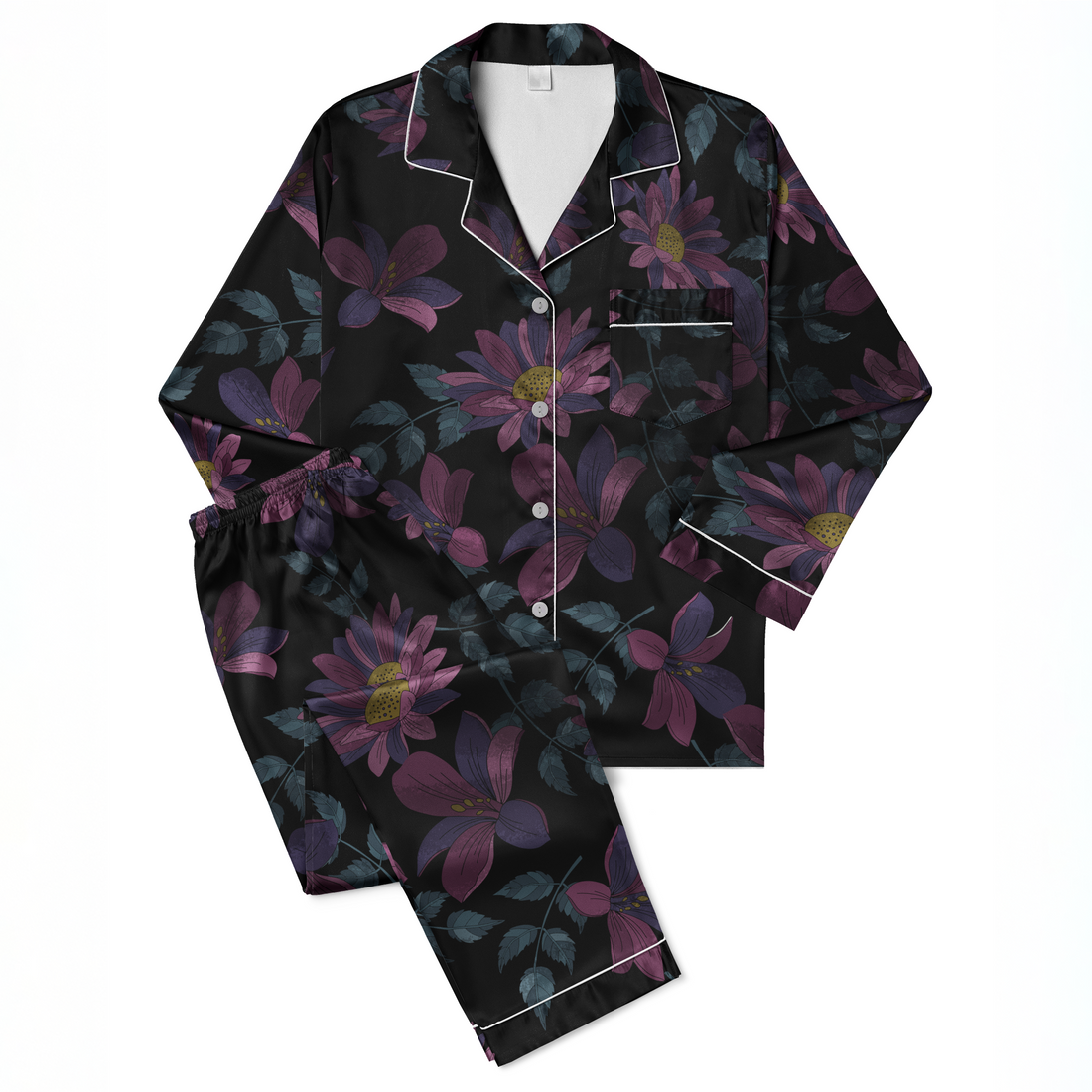 Patrón floral de flores moradas con centros amarillos sobre fondo negro sutex pajamas fullview mockup