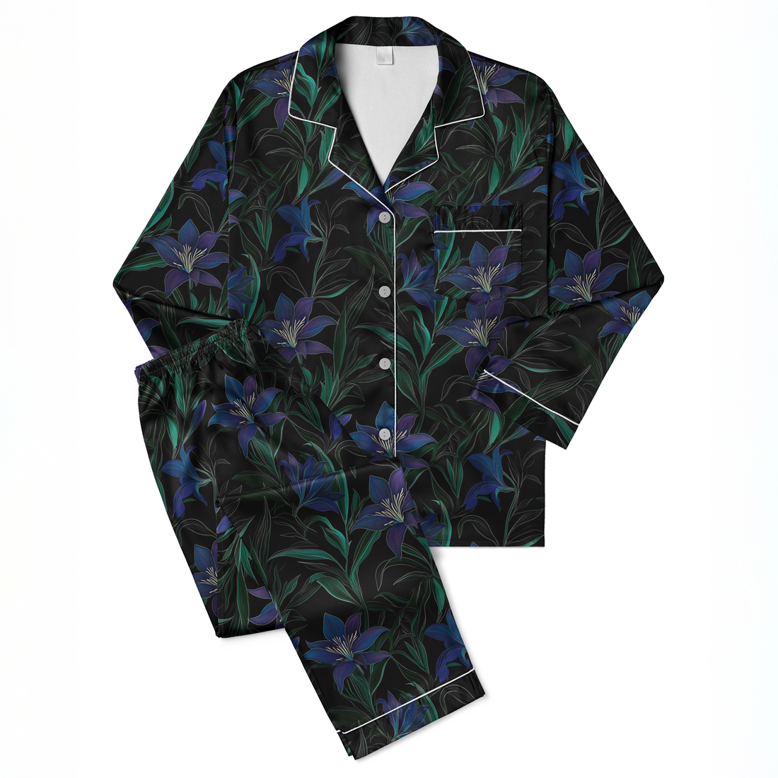 Patrón floral de elegantes lirios azul-púrpura con tallos verdes sobre fondo negro. sutex pajamas fullview mockup
