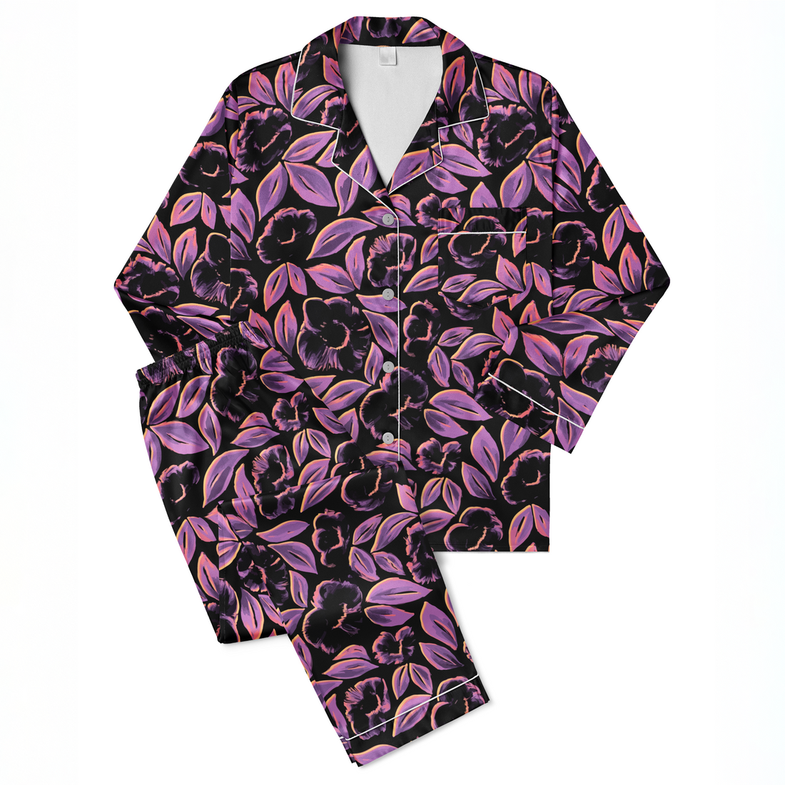 Patrón floral negro con pétalos púrpuras sobre fondo oscuro, estilo elegante y contrastante. sutex pajamas fullview mockup