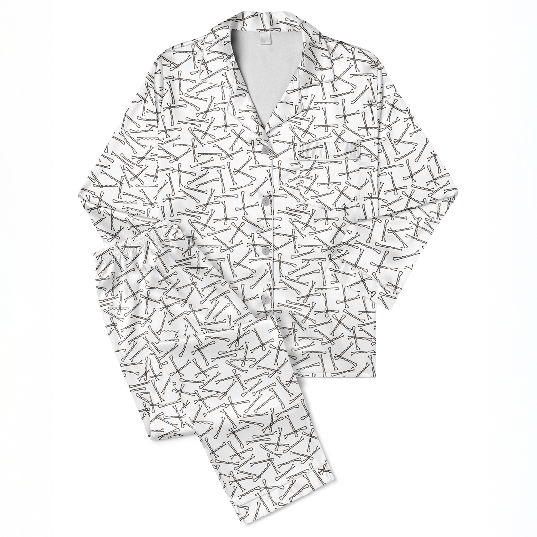Patrón de líneas y formas abstractas en blanco y negro que asemejan horquillas o clips dispersos aleatoriamente sobre fondo claro. sutex pajamas fullview mockup