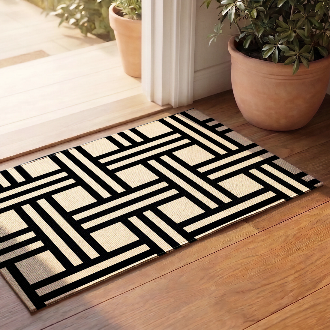 Diseño geométrico en negro y beige con líneas entrecruzadas formando patrón moderno minimalista