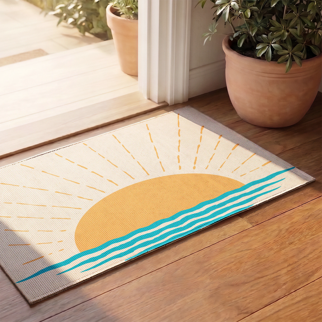 Sol naranja sobre olas azules con rayos dorados, diseño costero vibrante