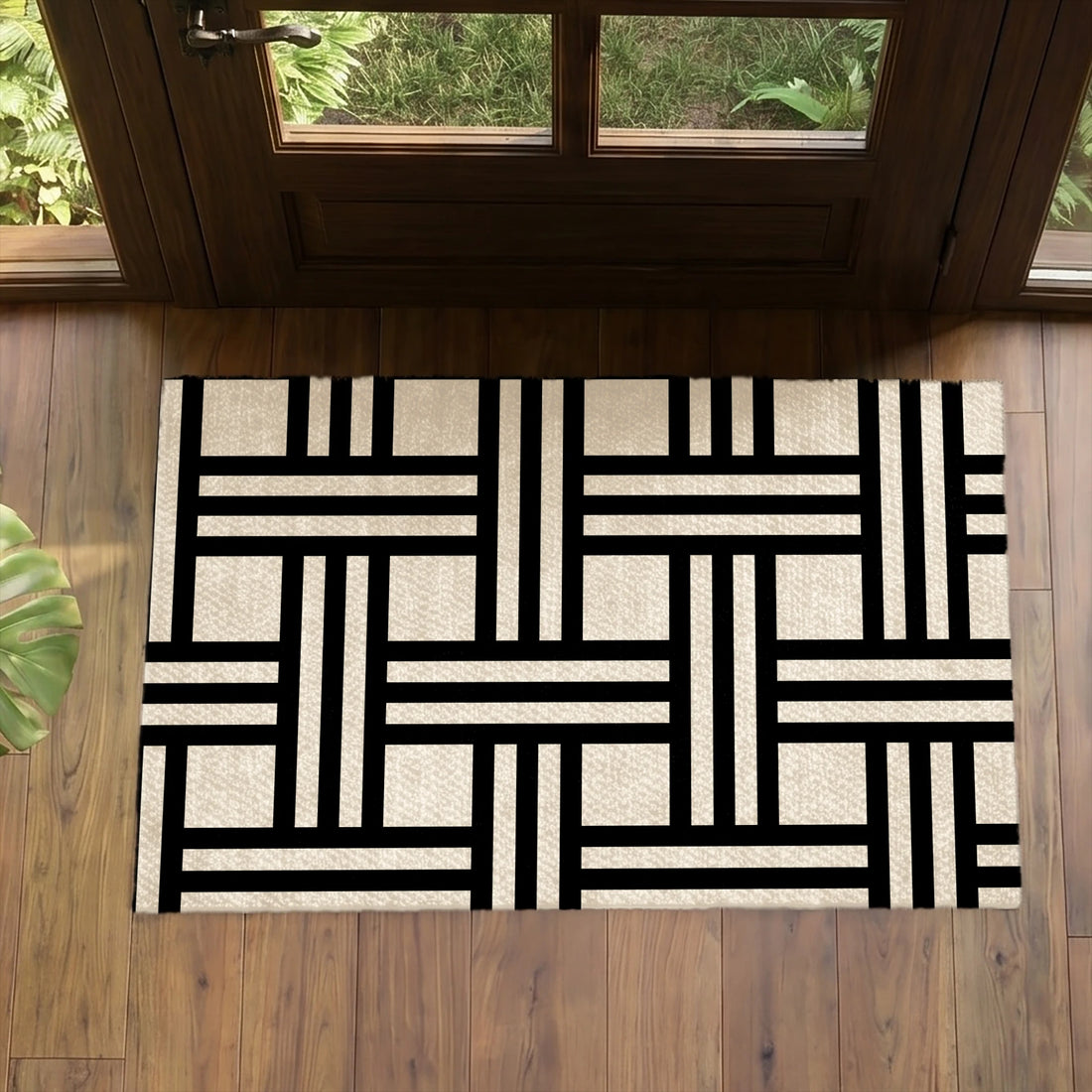 Diseño geométrico en negro y beige con líneas entrecruzadas formando patrón moderno minimalista