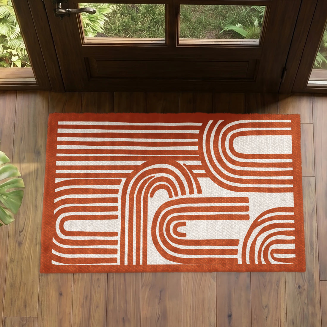 Diseño gráfico geométrico con líneas blancas y formas redondeadas sobre fondo terracota