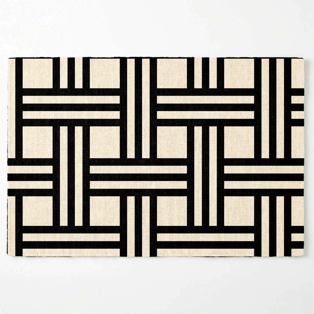 Diseño geométrico en negro y beige con líneas entrecruzadas formando patrón moderno minimalista