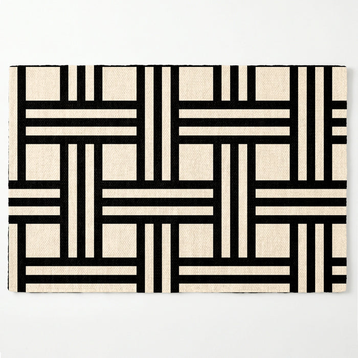 Diseño geométrico en negro y beige con líneas entrecruzadas formando patrón moderno minimalista
