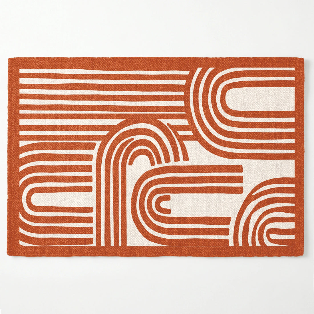 Diseño gráfico geométrico con líneas blancas y formas redondeadas sobre fondo terracota