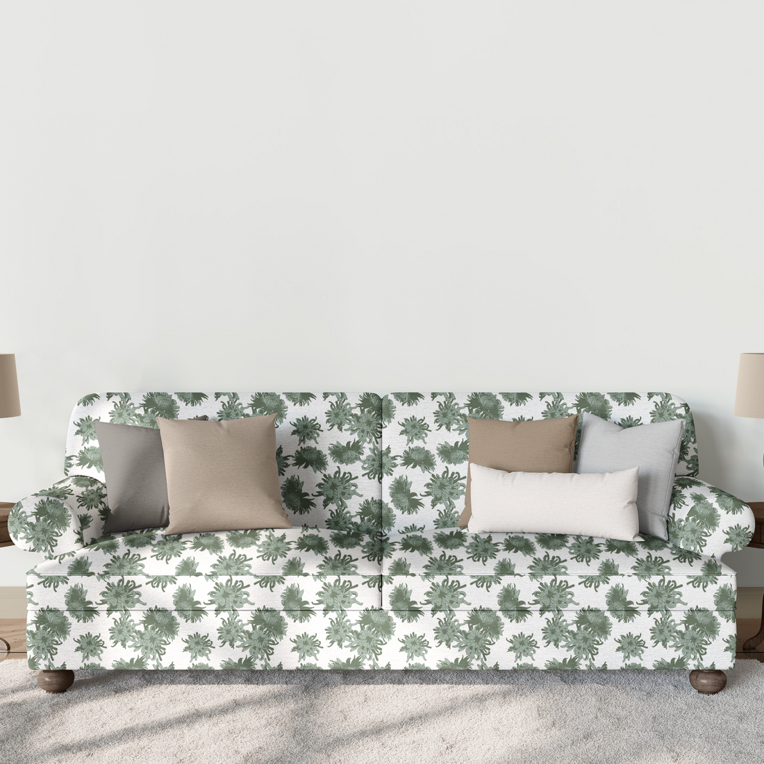 Patrón de flores de crisantemo en tonos verde oliva y menta sobre fondo claro, diseño botánico elegante. sutex sofa mockup
