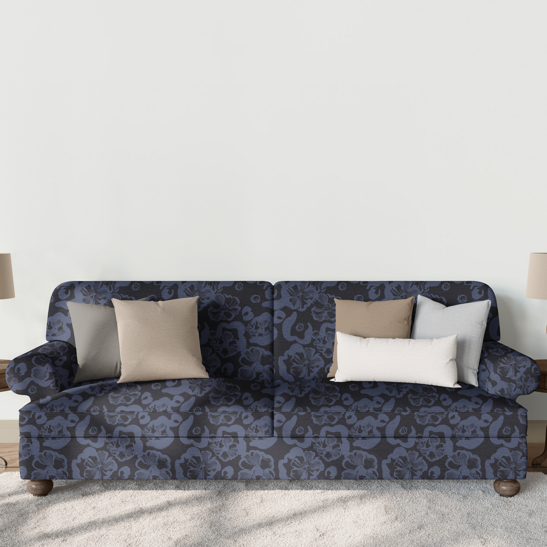Patrón floral abstracto en tonos azul-violeta sobre fondo negro oscuro con diseños de flores estilizadas sutex sofa mockup