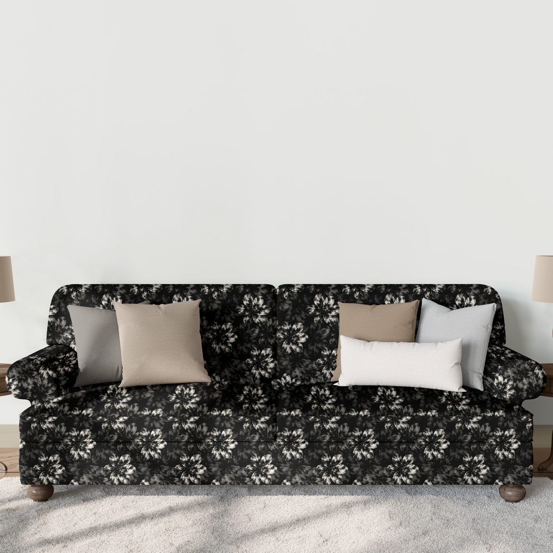 Patrón abstracto de flores oscuras con destellos blancos en fondo negro, efecto tie-dye. sutex sofa mockup