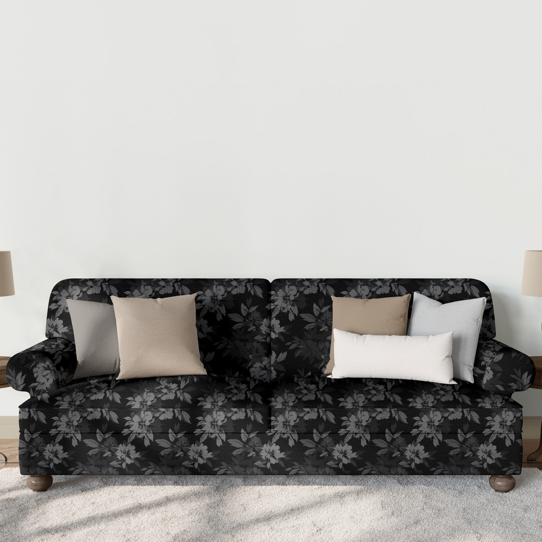 Patrón oscuro de hojas tropicales sobre fondo negro, en tonos grises y negros, creando un efecto monocromático elegante. sutex sofa mockup