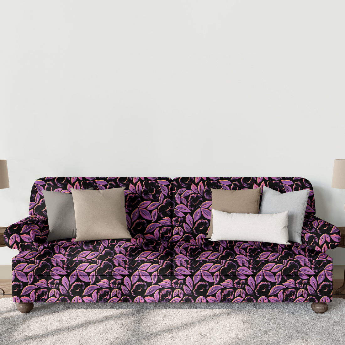 Patrón floral negro con pétalos púrpuras sobre fondo oscuro, estilo elegante y contrastante. sutex sofa mockup