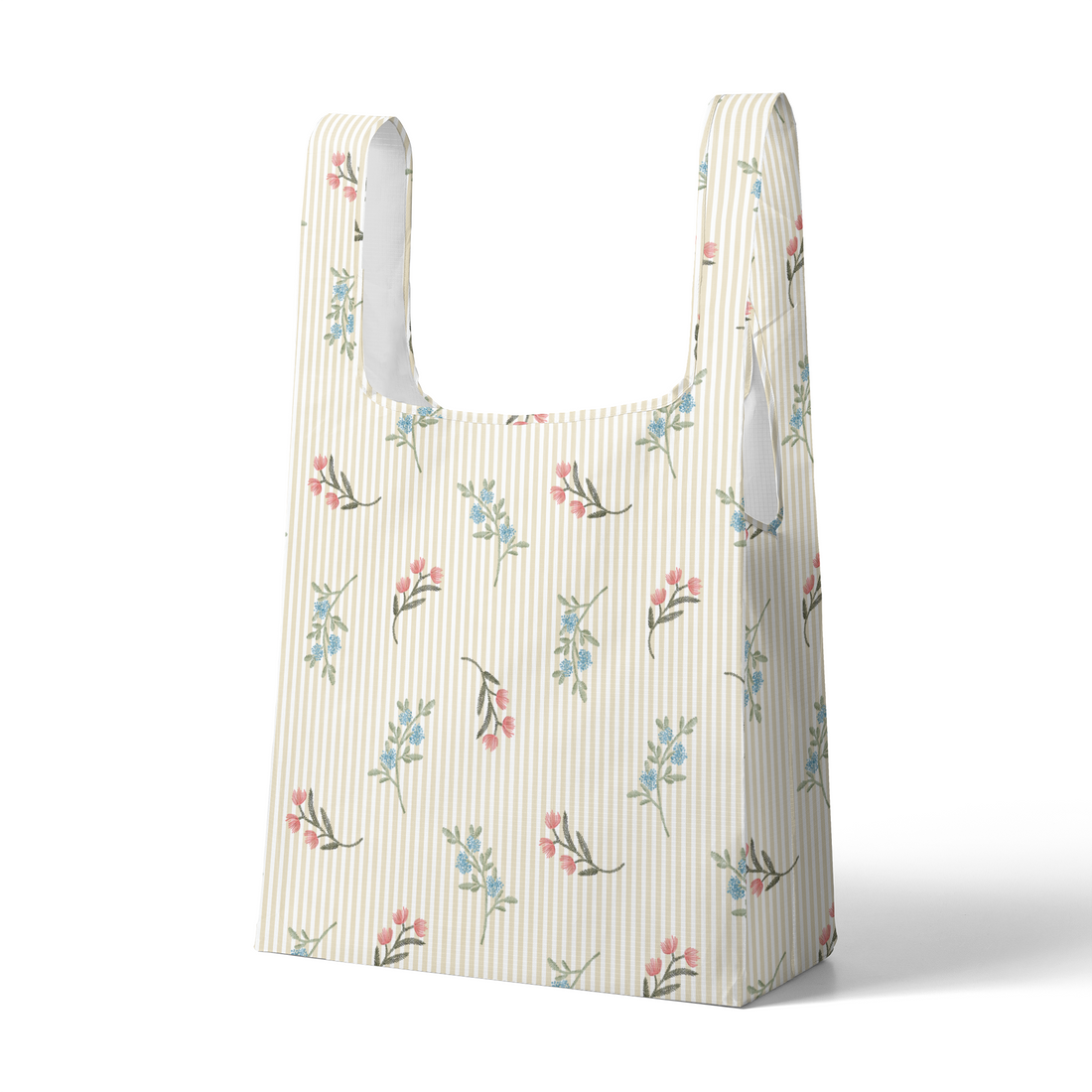 Patrón de rayas beige con flores rosadas y azules delicadas sobre fondo de líneas verticales sutex tote mockup