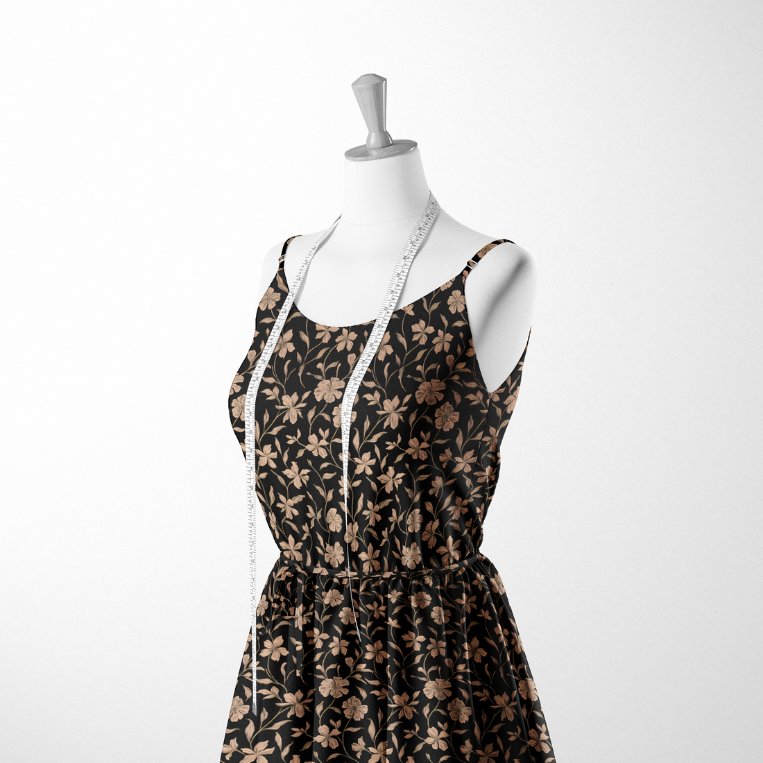Patrón floral de flores y hojas en tonos ocre sobre fondo negro, diseño elegante y continuo sutex woven dress form mockup