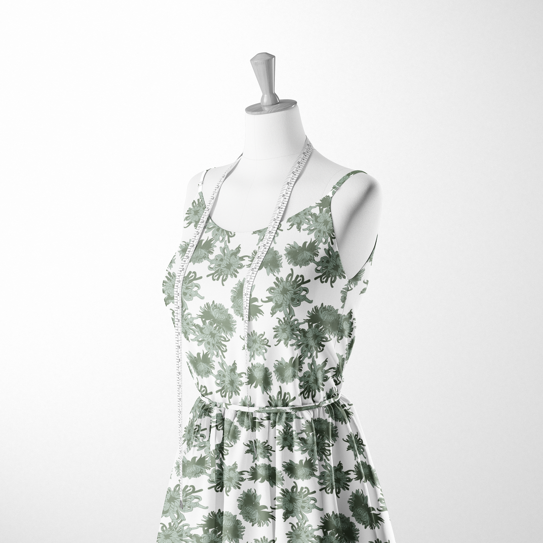 Patrón de flores de crisantemo en tonos verde oliva y menta sobre fondo claro, diseño botánico elegante. sutex woven dress form mockup