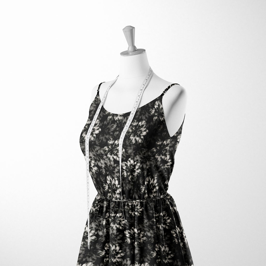 Patrón abstracto de flores oscuras con destellos blancos en fondo negro, efecto tie-dye. sutex woven dress form mockup