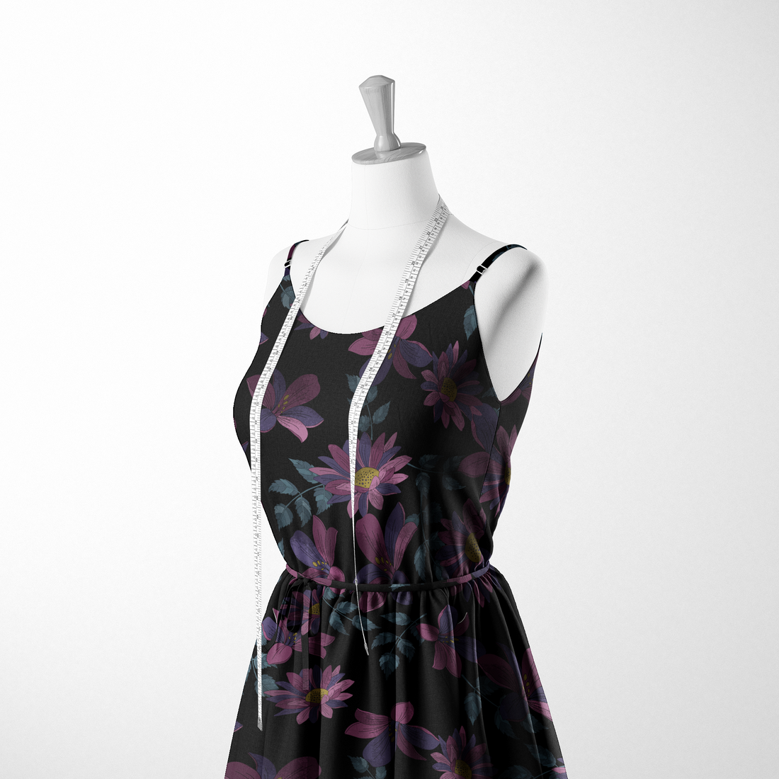Patrón floral de flores moradas con centros amarillos sobre fondo negro sutex woven dress form mockup
