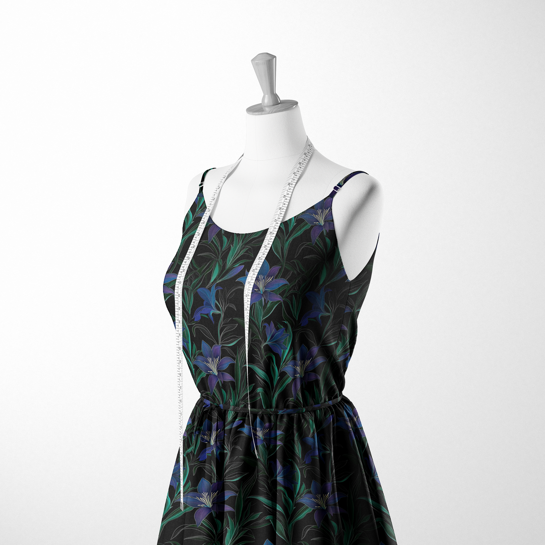 Patrón floral de elegantes lirios azul-púrpura con tallos verdes sobre fondo negro. sutex woven dress form mockup