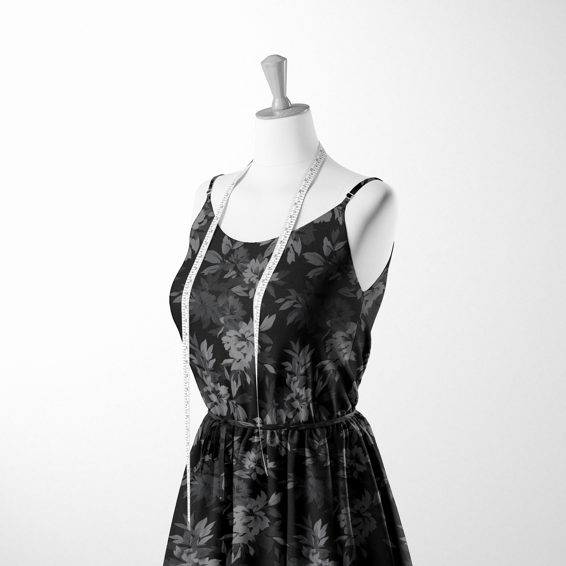 Patrón oscuro de hojas tropicales sobre fondo negro, en tonos grises y negros, creando un efecto monocromático elegante. sutex woven dress form mockup