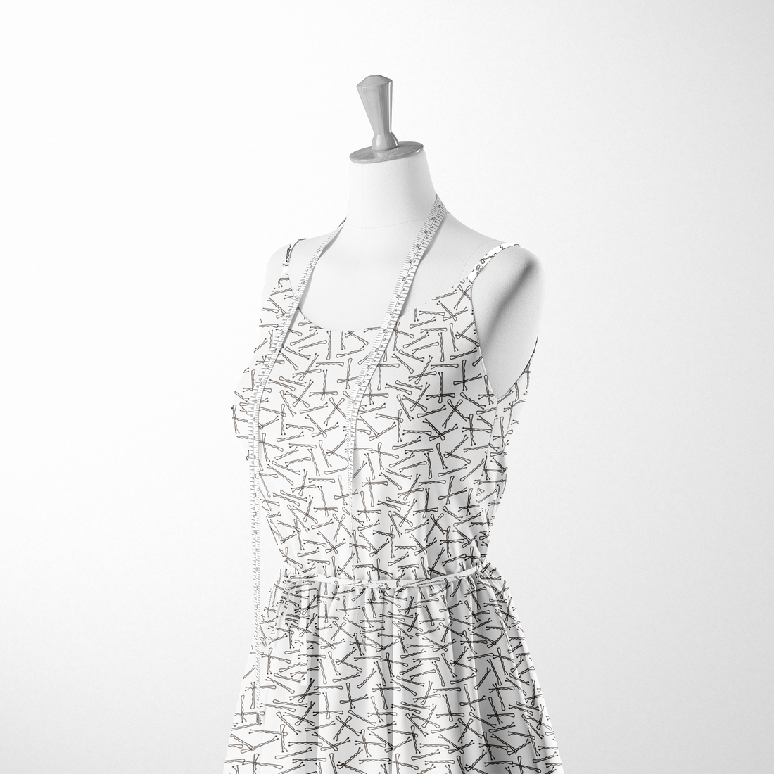 Patrón de líneas y formas abstractas en blanco y negro que asemejan horquillas o clips dispersos aleatoriamente sobre fondo claro. sutex woven dress form mockup